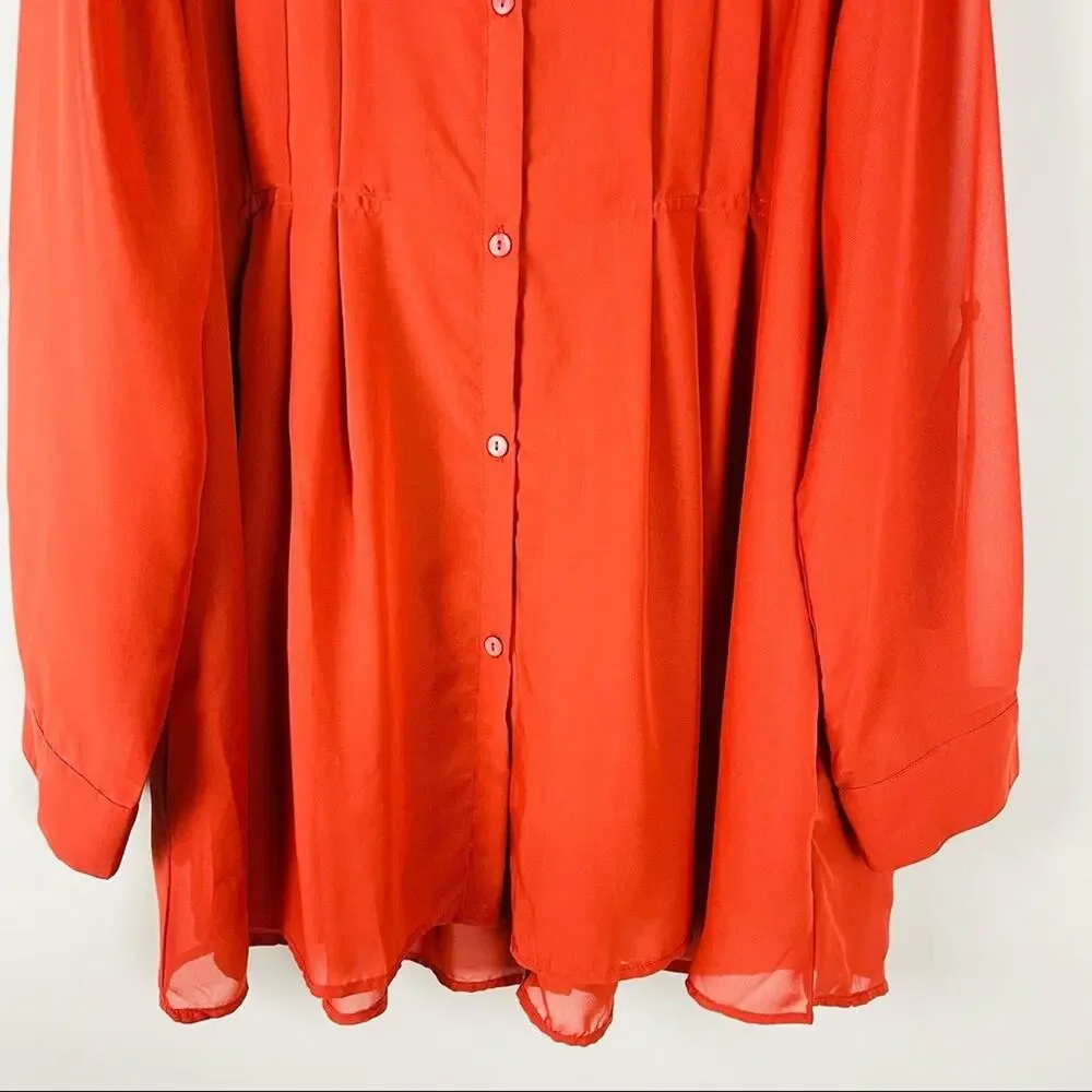 NEW Simply Noelle orange semi sheer chiffon button front pleat office top large - Picture 3 of 10